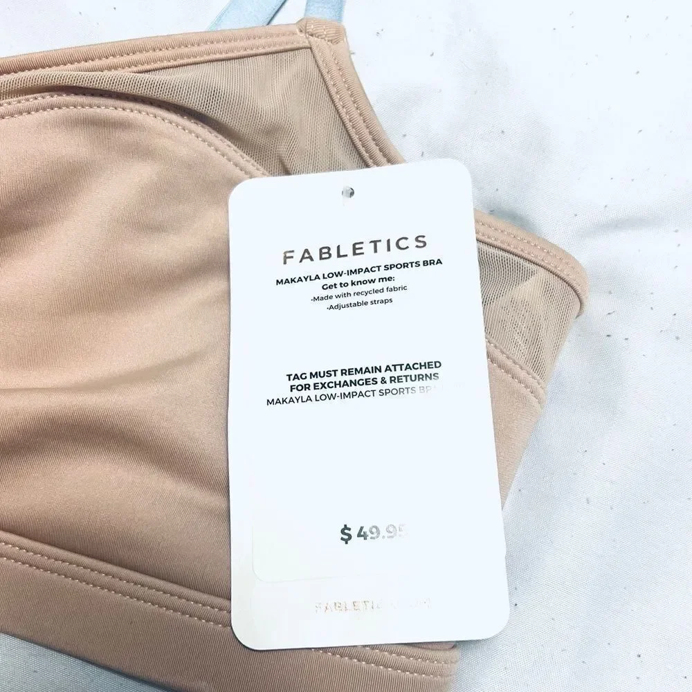 Fabletics Makayla Bra Low Impact Cinch Front Tan With Blue Straps Size L NWT